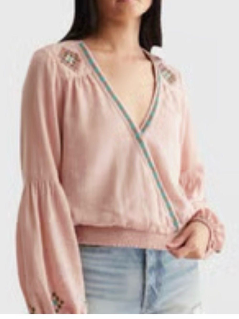 Lucky Brand Blush Pink V-Neck Embroidered and Beaded Peasant Blouse